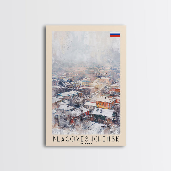 Blagoveshchensk Russia Travel Poster Framed Canvas Print, Wall Art, Home Decor, Travel Print, Winter Scene, Original Art