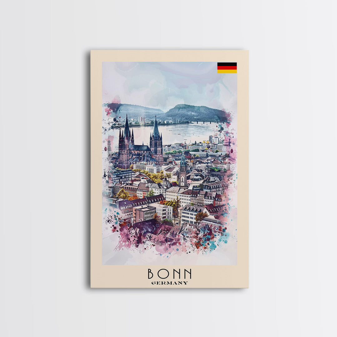 Bonn Germany Travel Poster Framed Canvas Print, Wall Art, Home Decor, Travel Print, River View, Watercolor Painting, Original Art