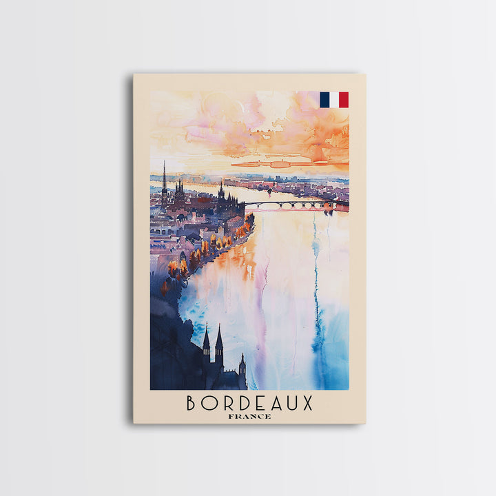 Bordeaux France Travel Poster Framed Canvas Print, Wall Art, Home Decor, Travel Print, Sunset View, Watercolor Art, Original Art