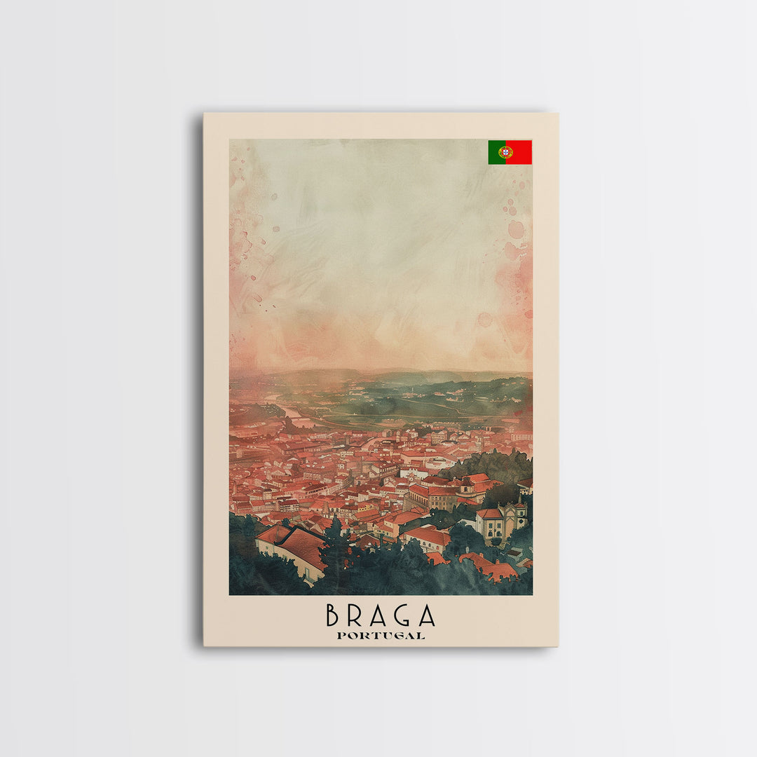 Braga Portugal Travel Poster Framed Canvas Print, Wall Art, Home Decor, Travel Print, Sunset Scene, Boho Art, Original Art