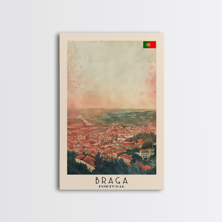 Braga Portugal Travel Poster Framed Canvas Print, Wall Art, Home Decor, Travel Print, Sunset Scene, Boho Art, Original Art