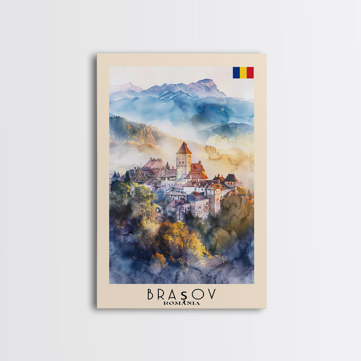 Bra?ov Romania Travel Poster Framed Canvas Print, Wall Art, Home Decor, Travel Print, Mountain View, Watercolor Painting, Original Art