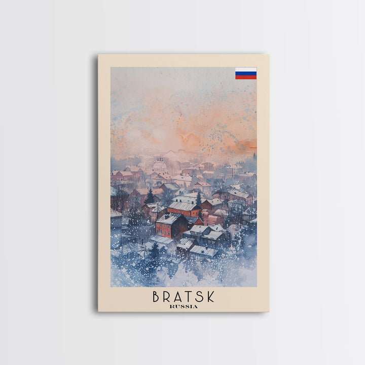 Bratsk Russia Travel Poster Framed Canvas Print, Winter Scene, Wall Art, Home Decor, Travel Print, Abstract Watercolor, Minimalist Art