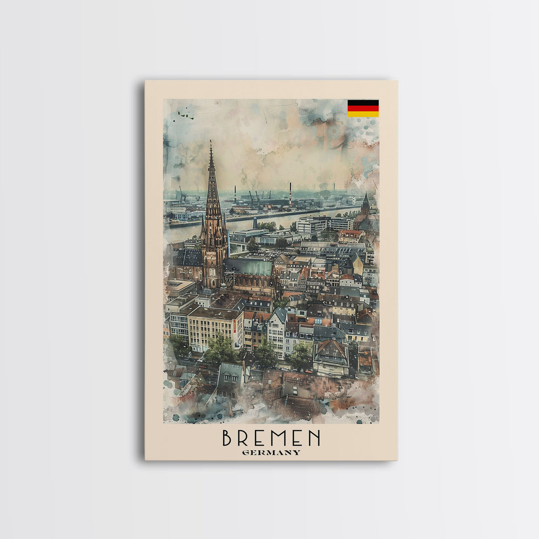 Bremen Germany Travel Poster Framed Canvas Print, Cityscape Art, Wall Decor, Travel Print, Watercolor Painting, Urban Scene, Minimalist Art