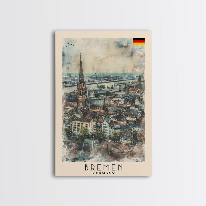Bremen Germany Travel Poster Framed Canvas Print, Cityscape Art, Wall Decor, Travel Print, Watercolor Painting, Urban Scene, Minimalist Art
