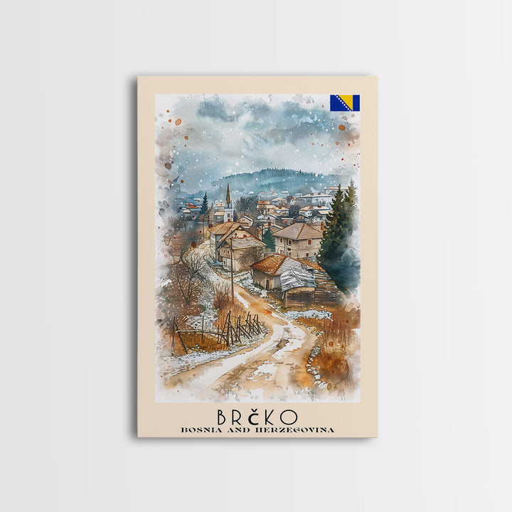 Brčko Bosnia Travel Poster Framed Canvas Print, Cityscape Art, Wall Decor, Travel Print, Watercolor Painting, Urban Scene Art
