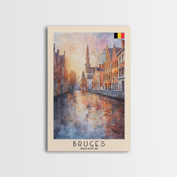 Bruges Belgium Travel Poster Framed Canvas Print, Watercolor Painting, Boho Wall Art, Home Decor, Living Room Art, Minimalist Travel Print