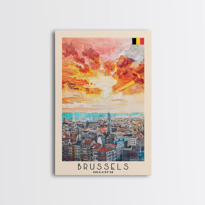 Brussels Belgium Travel Poster Framed Canvas Print, Abstract Sunset, Wall Art, Modern Home Decor, Travel Print, Watercolor Painting, Art Piece