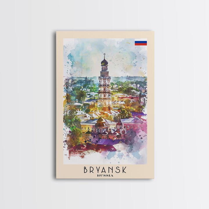 Bryansk Russia Travel Poster Framed Canvas Print, Watercolor Painting, Urban Scene, Wall Art, Home Decor, Bedroom Art, Minimalist Travel Print