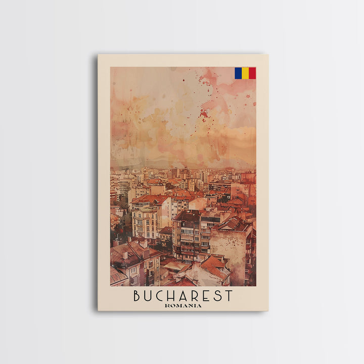 Bucharest Romania Travel Poster Framed Canvas Print, Abstract Cityscape, Boho Wall Art, Home Decor, Living Room Art, Watercolor Painting, Original Art