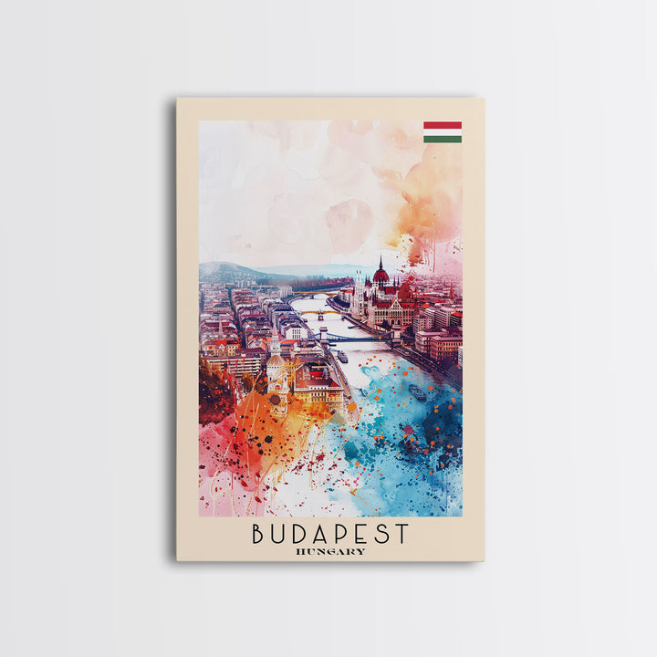 Budapest Hungary Travel Poster Framed Canvas Print, Colorful Watercolor Painting, Wall Art, Home Decor, Travel Print, Boho Style, Art Piece