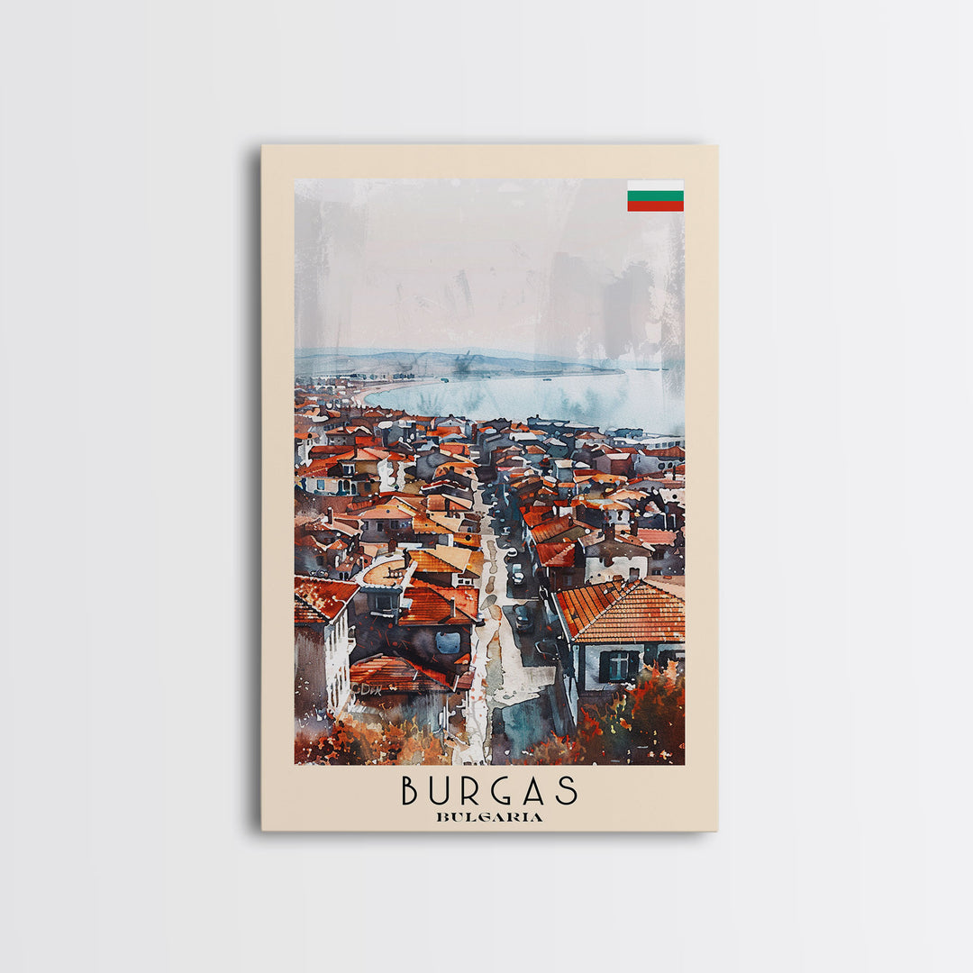 Burgas Bulgaria Travel Poster Framed Canvas Print, Coastal Cityscape, Watercolor Painting, Wall Art, Home Decor, Minimalist Travel Print, Urban Scene