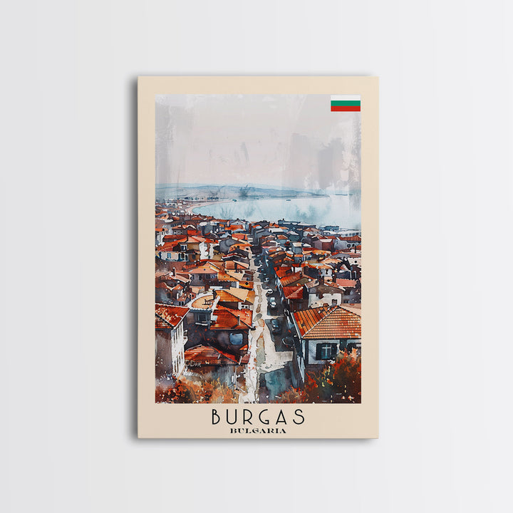 Burgas Bulgaria Travel Poster Framed Canvas Print, Coastal Cityscape, Watercolor Painting, Wall Art, Home Decor, Minimalist Travel Print, Urban Scene