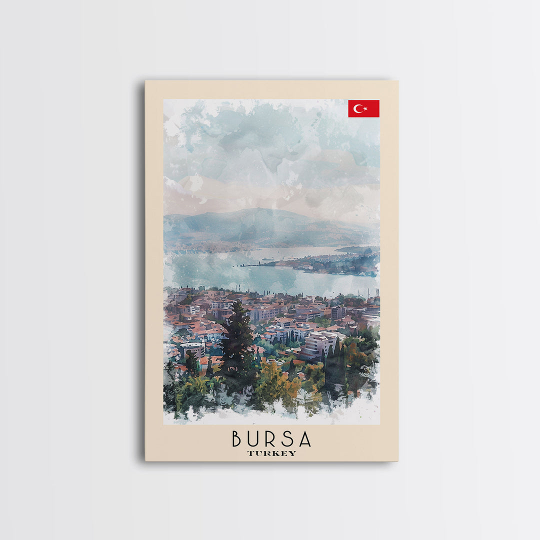 Bursa Turkey Travel Poster Framed Canvas Print, Watercolor Landscape, Wall Art, Home Decor, Travel Print, Minimalist Art, Urban Scene