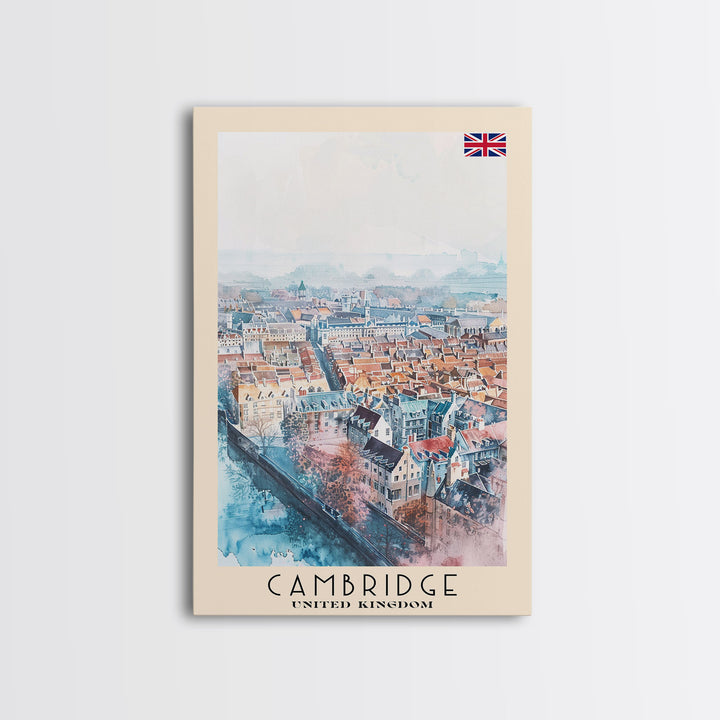 Cambridge United Kingdom Travel Poster Framed Canvas Print, Wall Art, Home Decor, Travel Print, Vacation Gift, Watercolor Painting, Original Art