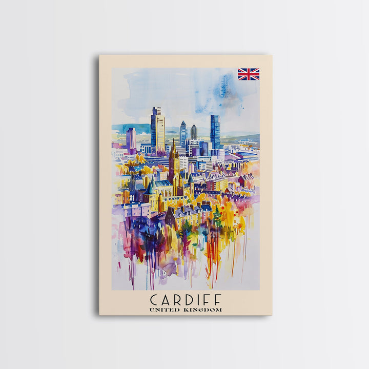 Cardiff United Kingdom Travel Poster Framed Canvas Print, Wall Art, Home Decor, Travel Print, Vacation Gift, Watercolor Painting, Original Art