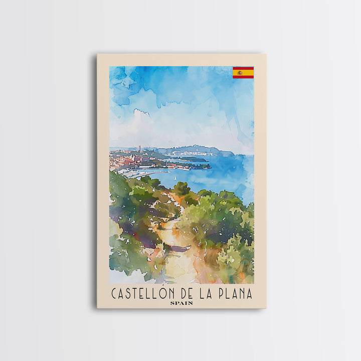 Castellón de la Plana Spain Travel Poster Framed Canvas Print, Wall Art, Home Decor, Travel Print, Vacation Gift, Watercolor Painting, Original Art