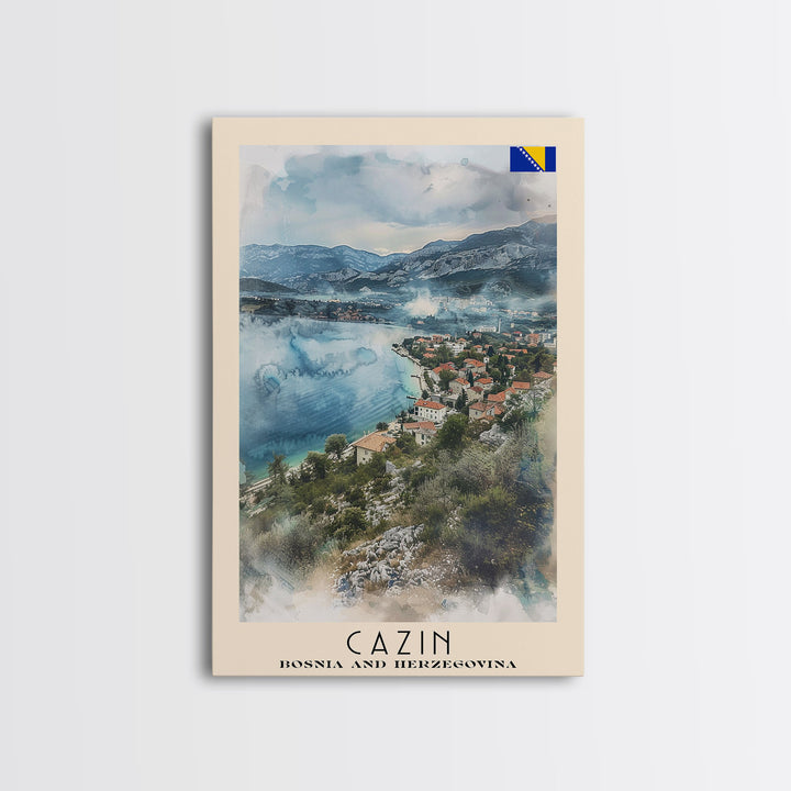 Cazin Bosnia and Herzegovina Travel Poster Framed Canvas Print, Wall Art, Home Decor, Travel Print, Vacation Gift, Watercolor Painting, Original Art