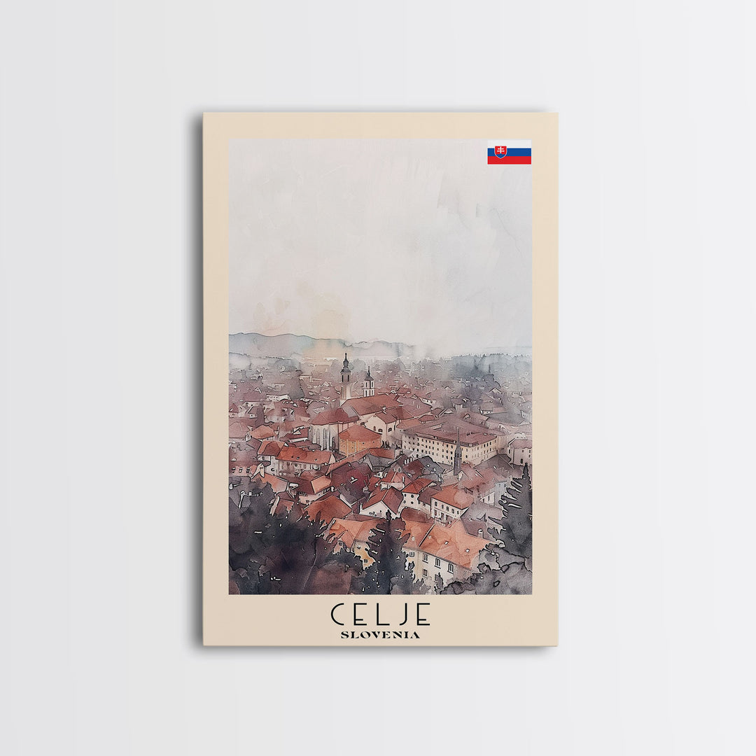Celje Slovenia Travel Poster Framed Canvas Print, Wall Art, Home Decor, Travel Print, Vacation Gift, Watercolor Painting, Original Art