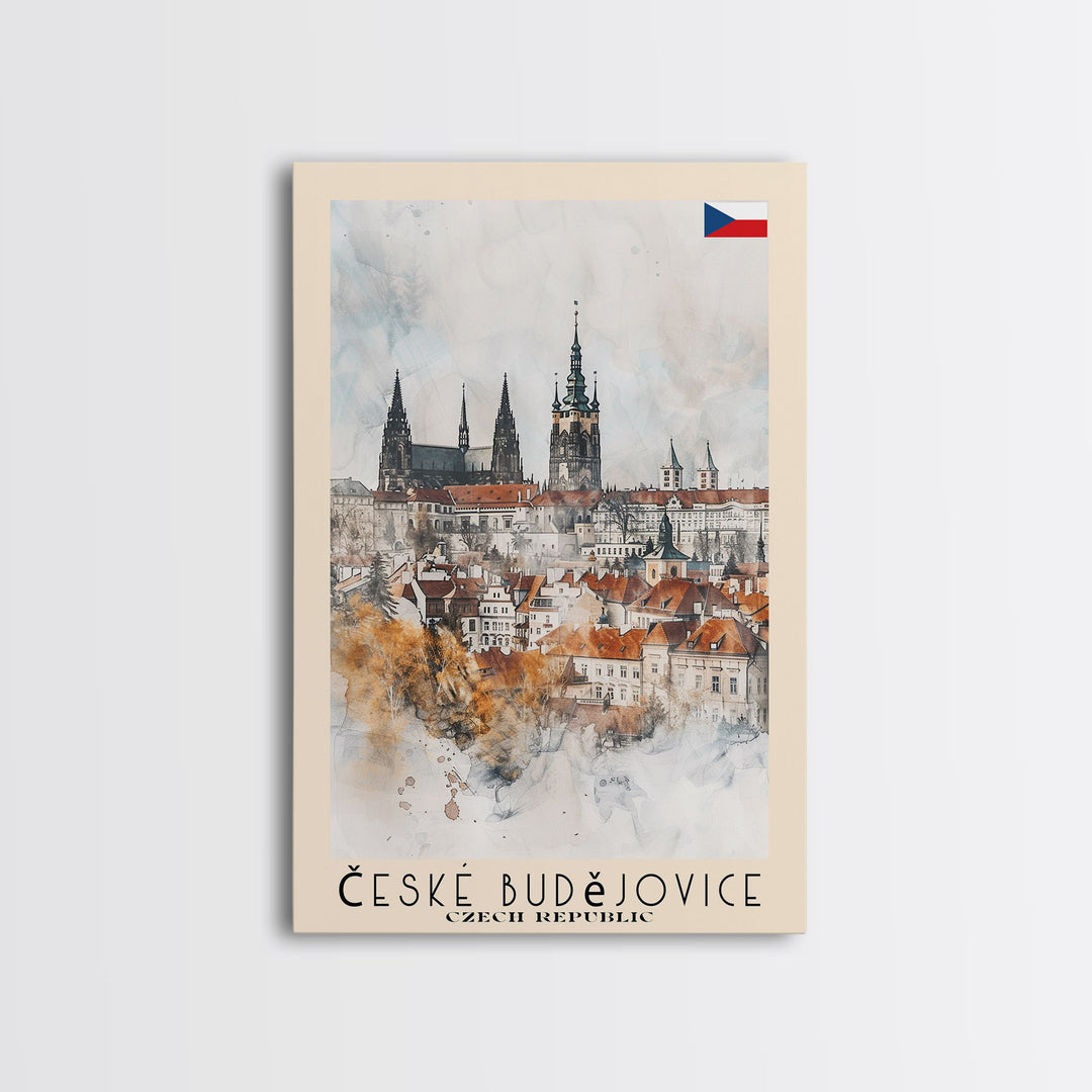 České Budějovice Czech Republic Travel Poster Framed Canvas Print, Wall Art, Home Decor, Travel Print, Vacation Gift, Watercolor Painting, Original Art