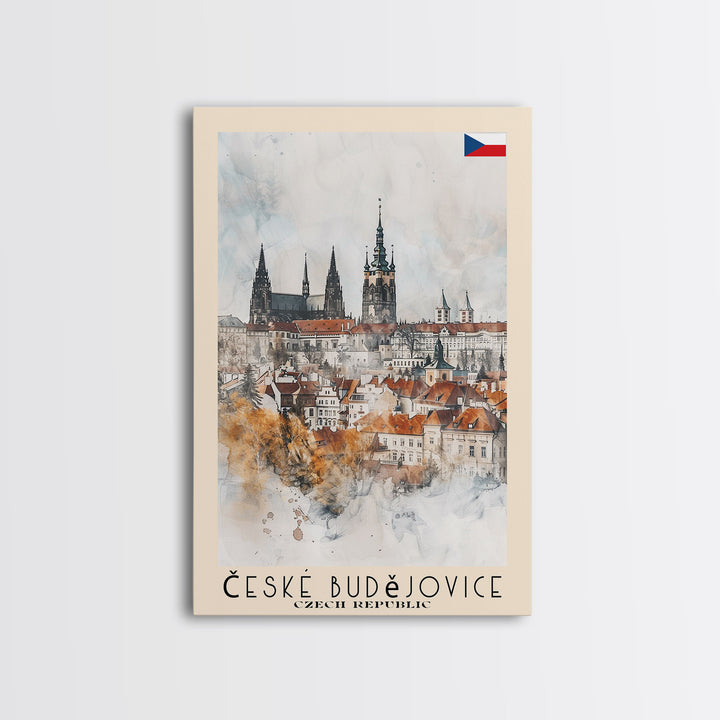 České Budějovice Czech Republic Travel Poster Framed Canvas Print, Wall Art, Home Decor, Travel Print, Vacation Gift, Watercolor Painting, Original Art