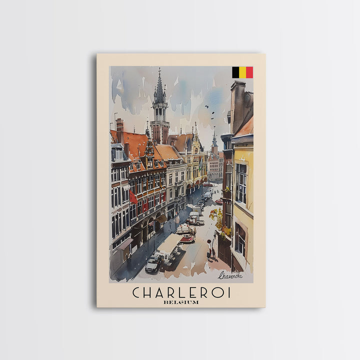 Charleroi Belgium Travel Poster Framed Canvas Print, Wall Art, Home Decor, Travel Print, Vacation Gift, Watercolor Painting, Original Art