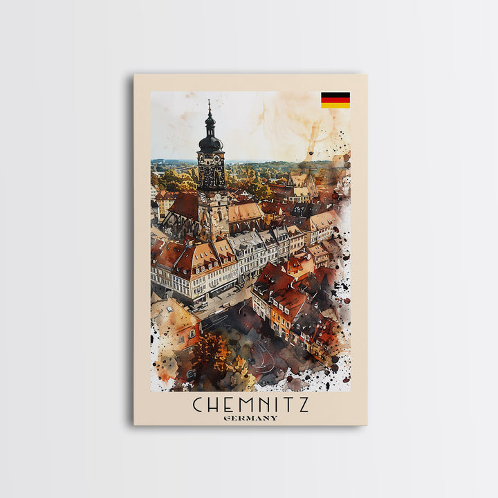 Chemnitz Germany Travel Poster Framed Canvas Print, Wall Art, Home Decor, Travel Print, Minimalist Watercolor Painting, Original Art