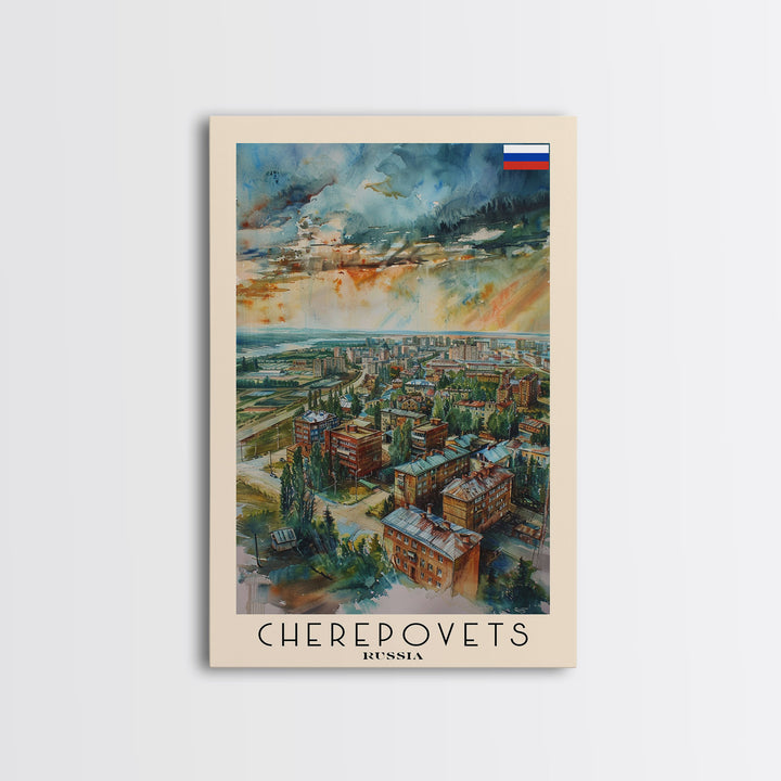 Cherepovets Russia Travel Poster Framed Canvas Print, Wall Art, Home Decor, Travel Print, Abstract Watercolor Painting, Original Art