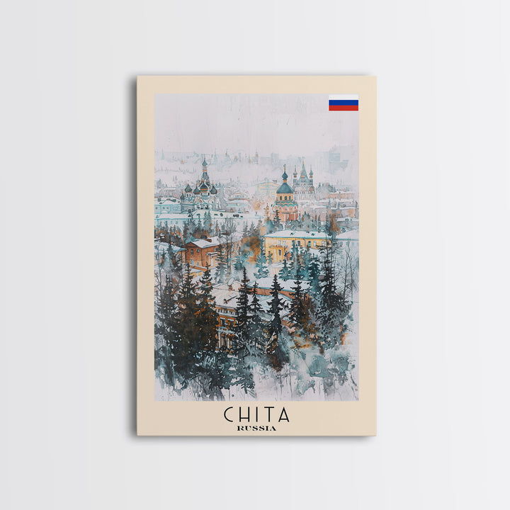 Chita Russia Travel Poster Framed Canvas Print, Wall Art, Home Decor, Travel Print, Abstract Watercolor Painting, Original Art