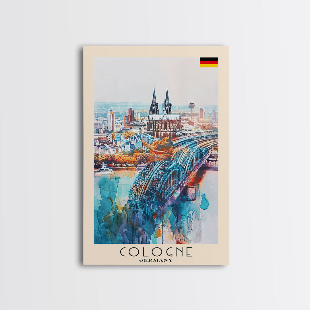 Cologne Germany Watercolor Travel Poster, Wood Framed Canvas Print, Boho Wall Art, Living Room Decor, Original Artwork, Cityscape Home Decor, Travel Print