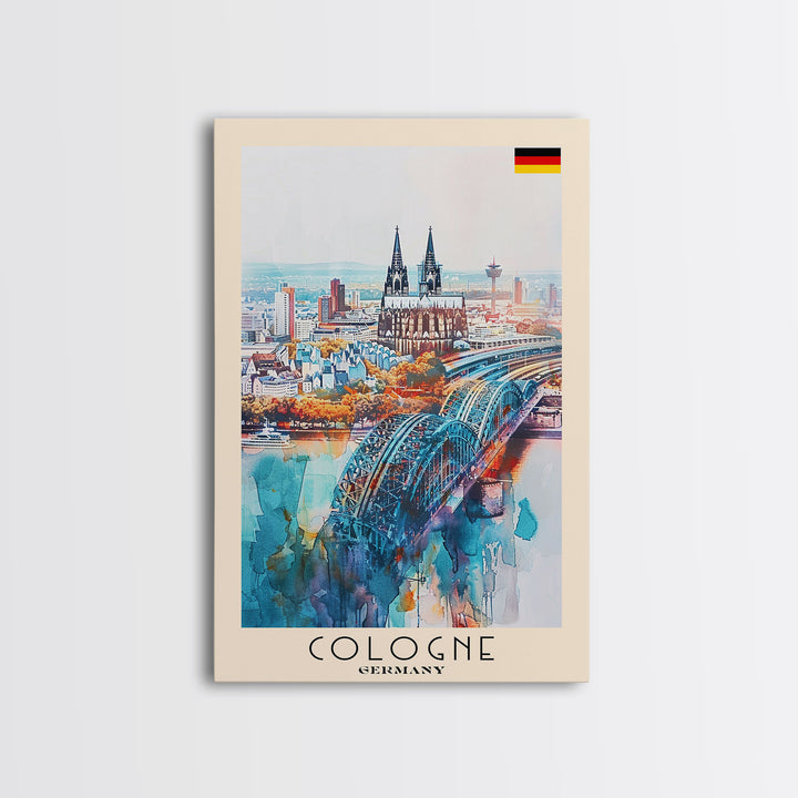Cologne Germany Watercolor Travel Poster, Wood Framed Canvas Print, Boho Wall Art, Living Room Decor, Original Artwork, Cityscape Home Decor, Travel Print