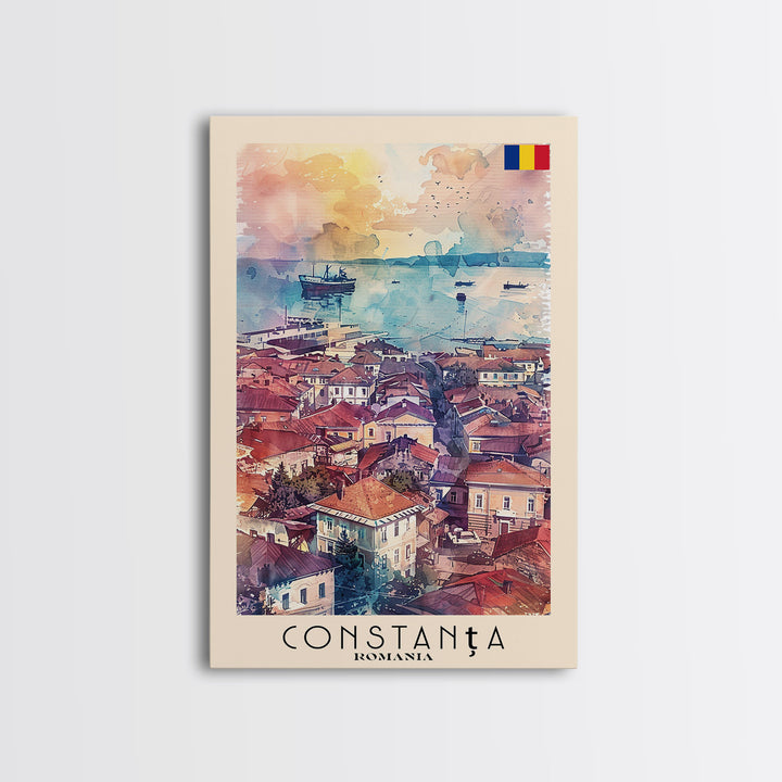 Constanta Romania Framed Canvas Print, Travel Poster Art, Watercolor Painting, Coastal Cityscape Wall Art, Home Decor, Living Room Artwork, Travel Print