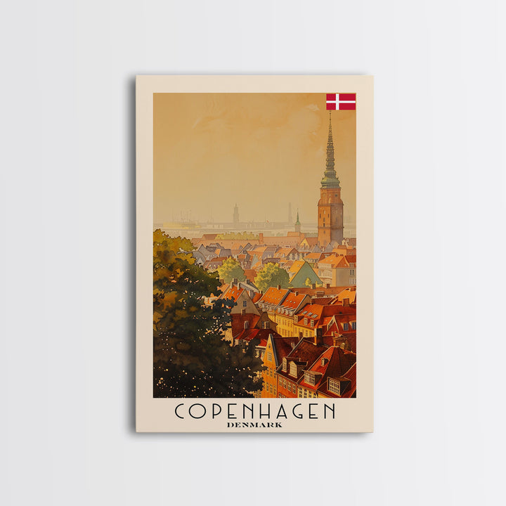 Copenhagen Denmark Cityscape Art, Framed Canvas Print, Watercolor Travel Poster, Minimalist Wall Decor, Home Decoration, Living Room Art, Travel Print