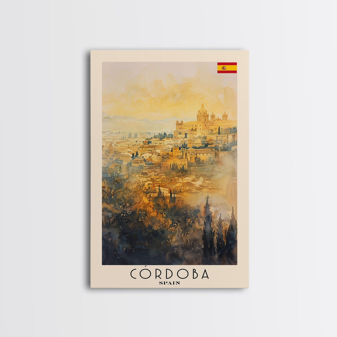 Cordoba Spain Travel Poster, Framed Canvas Print, Watercolor Cityscape Art, Wall Decor, Living Room Artwork, Home Decor, Original Painting, Travel Print