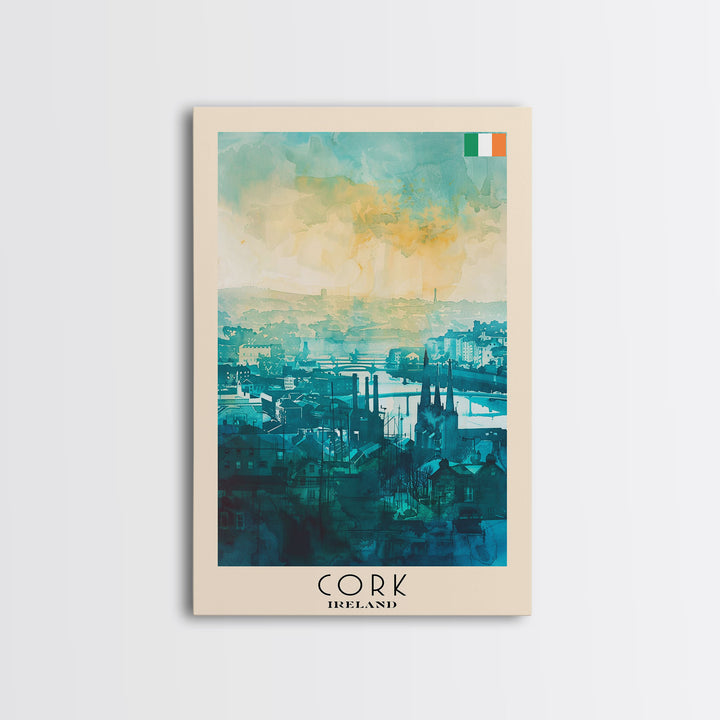 Cork Ireland Watercolor Travel Poster, Framed Canvas Print, Cityscape Wall Art, Home Decoration, Living Room Decor, Original Artwork, Travel Print