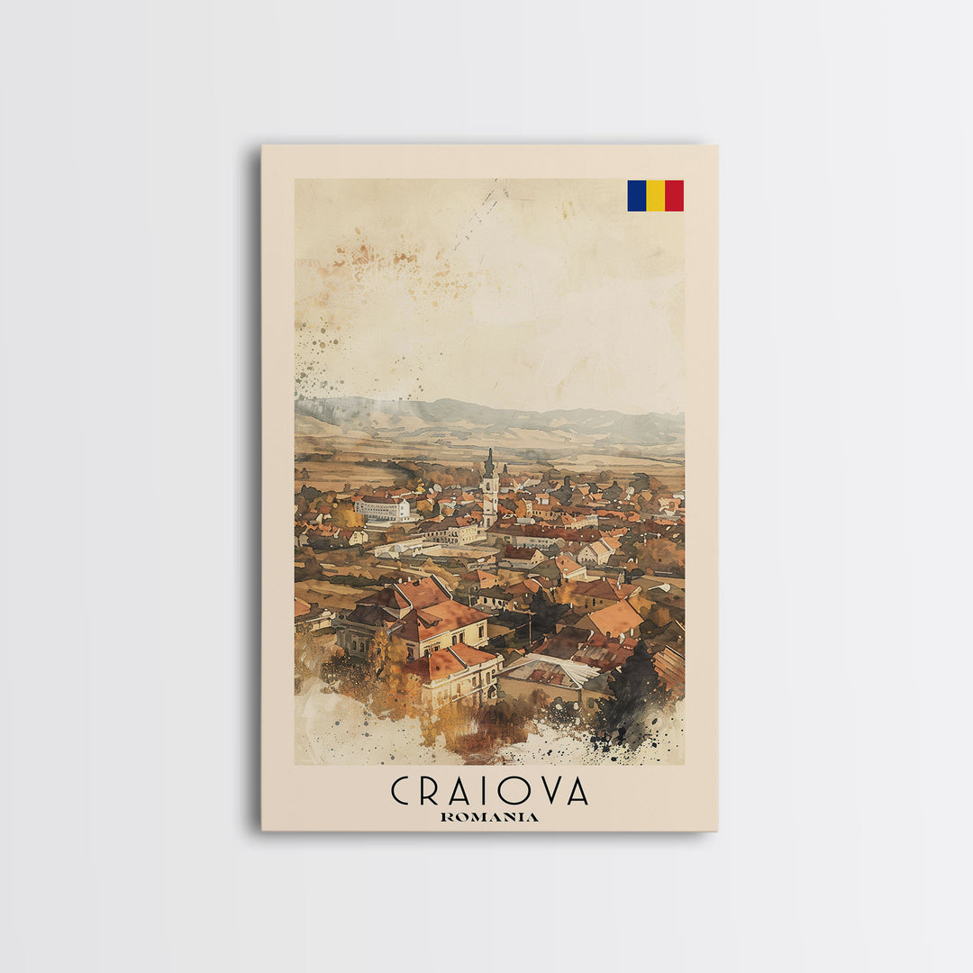 Craiova Romania Watercolor Cityscape, Framed Canvas Print, Travel Poster Art, Home Decor, Living Room Wall Art, Original Painting, Travel Print