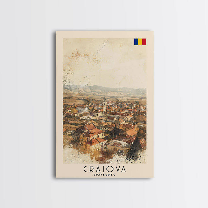 Craiova Romania Watercolor Cityscape, Framed Canvas Print, Travel Poster Art, Home Decor, Living Room Wall Art, Original Painting, Travel Print