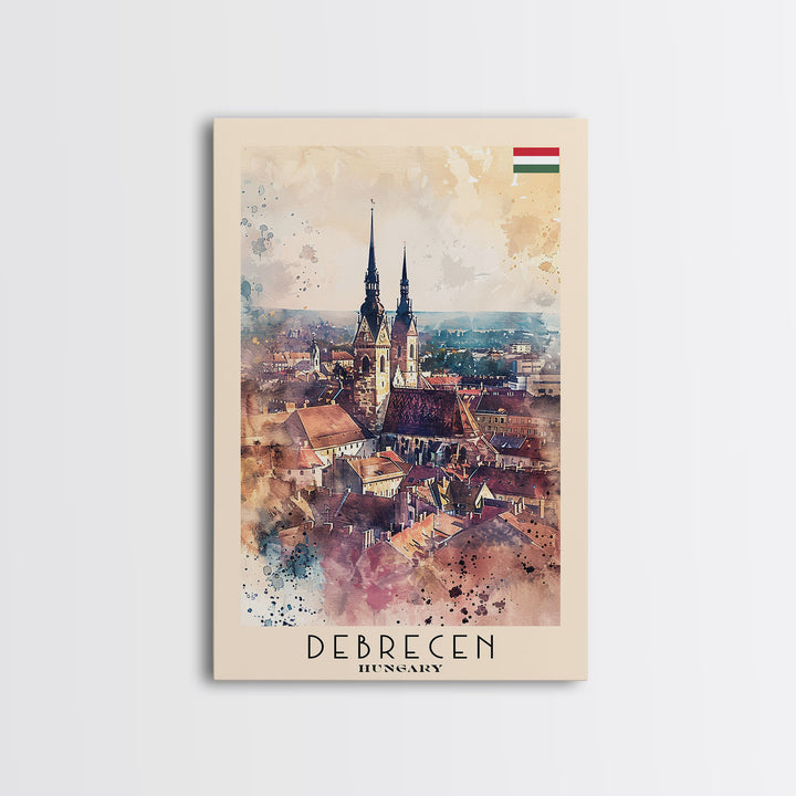 Debrecen Hungary Travel Poster, Framed Canvas Print, Watercolor Cityscape, Home Decor, Living Room Wall Art, Original Painting, Travel Print