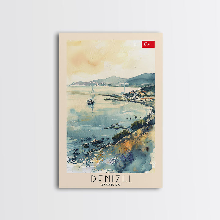Denizli Turkey Watercolor Travel Poster, Framed Canvas Print, Coastal Cityscape Wall Art, Home Decor, Living Room Decoration, Original Artwork, Travel Print