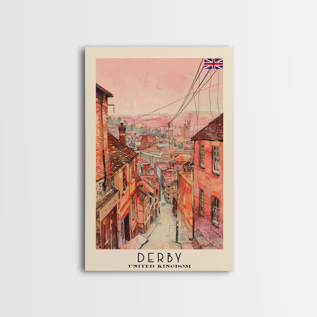 Derby United Kingdom Scenic Watercolor Framed Canvas Print, Vintage Travel Poster, British Wall Art, Rustic Home Decor, Retro Urban Artwork, Living Room Decoration