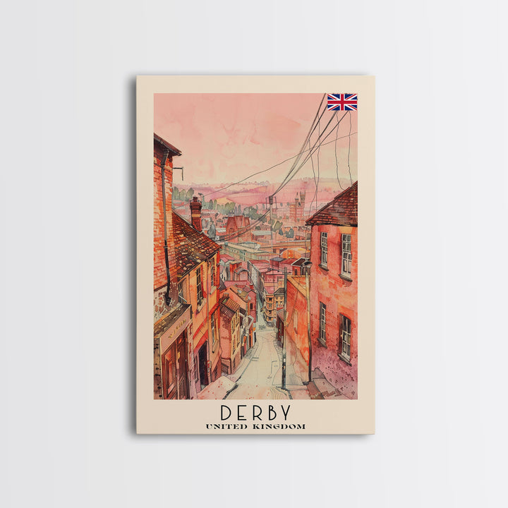 Derby United Kingdom Scenic Watercolor Framed Canvas Print, Vintage Travel Poster, British Wall Art, Rustic Home Decor, Retro Urban Artwork, Living Room Decoration