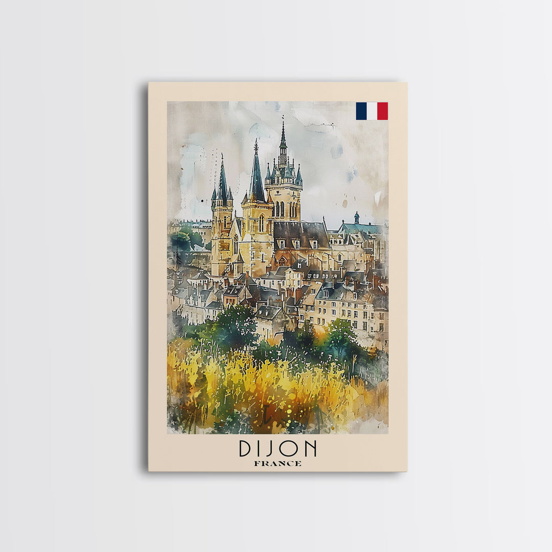 Dijon France Historic Landmark Framed Canvas Print, Watercolor Travel Poster, French Heritage Art, Classic Home Decor, Retro Wall Art, Living Room Piece