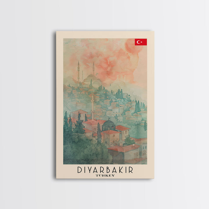 Diyarbakir Turkey Cultural Heritage Framed Canvas Print, Vintage Travel Poster, Turkish Watercolor Art, Exotic Home Decor, Historical Wall Art, Living Room Display