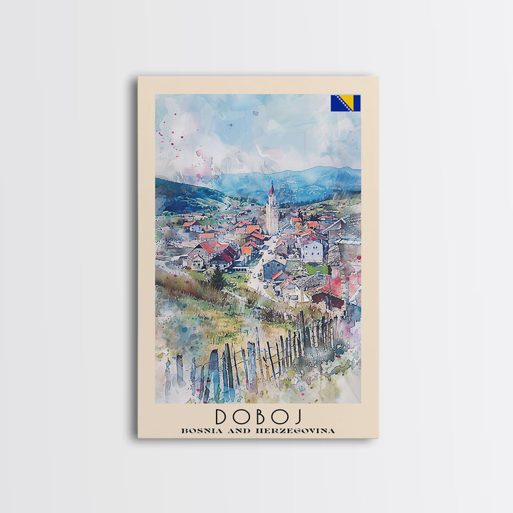 Doboj Bosnia and Herzegovina Countryside Framed Canvas Print, Watercolor Travel Poster, Bosnian Scenic Art, Cozy Home Decor, Rustic Wall Art, Living Room Decor