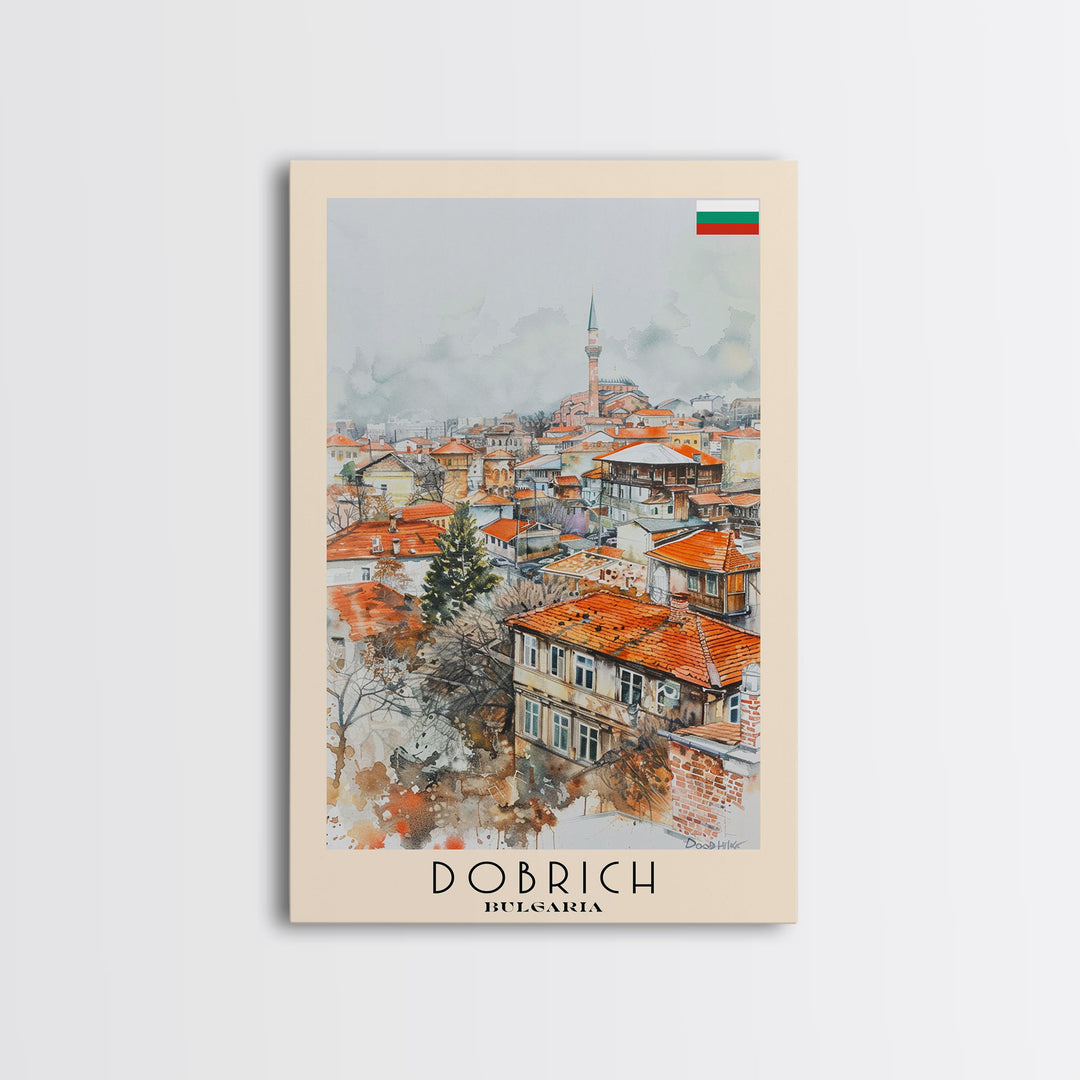 Dobrich Bulgaria Quaint Town Framed Canvas Print, Watercolor Travel Poster, Bulgarian Village Art, Rustic Home Decor, Vintage Wall Art, Living Room Enhancement