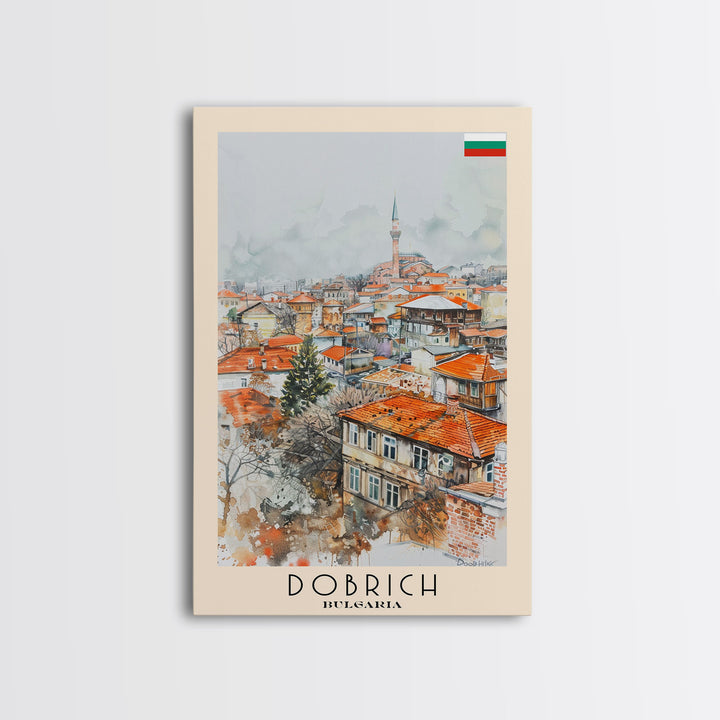 Dobrich Bulgaria Quaint Town Framed Canvas Print, Watercolor Travel Poster, Bulgarian Village Art, Rustic Home Decor, Vintage Wall Art, Living Room Enhancement