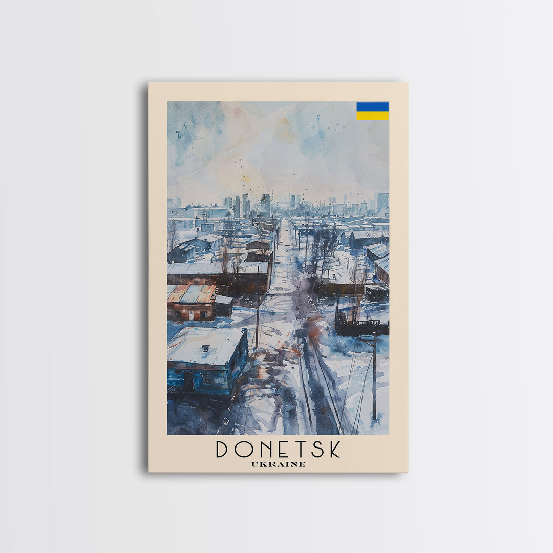 Donetsk Ukraine Winter Scene Framed Canvas Print, Watercolor Travel Poster, Ukrainian Urban Art, Cold Season Decor, Unique Wall Art, Living Room Decoration
