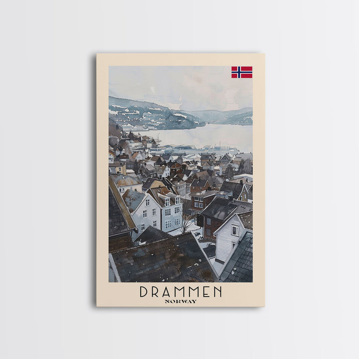 Drammen Norway Serene Landscape Framed Canvas Print, Watercolor Travel Poster, Norwegian Scenic Art, Tranquil Home Decor, Peaceful Wall Art, Living Room Beauty