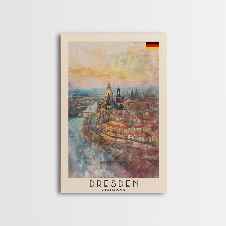 Dresden Germany Architectural Marvel Framed Canvas Print, Watercolor Travel Poster, German Historical Art, Elegant Home Decor, Classic Wall Art, Living Room Centerpiece