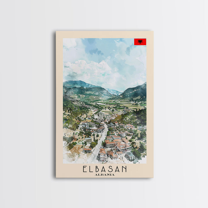Elbasan, Albania Framed Canvas Print. Mountain Charm Wall Art for Living Room or Bedroom, Scenic Travel Poster Decor.